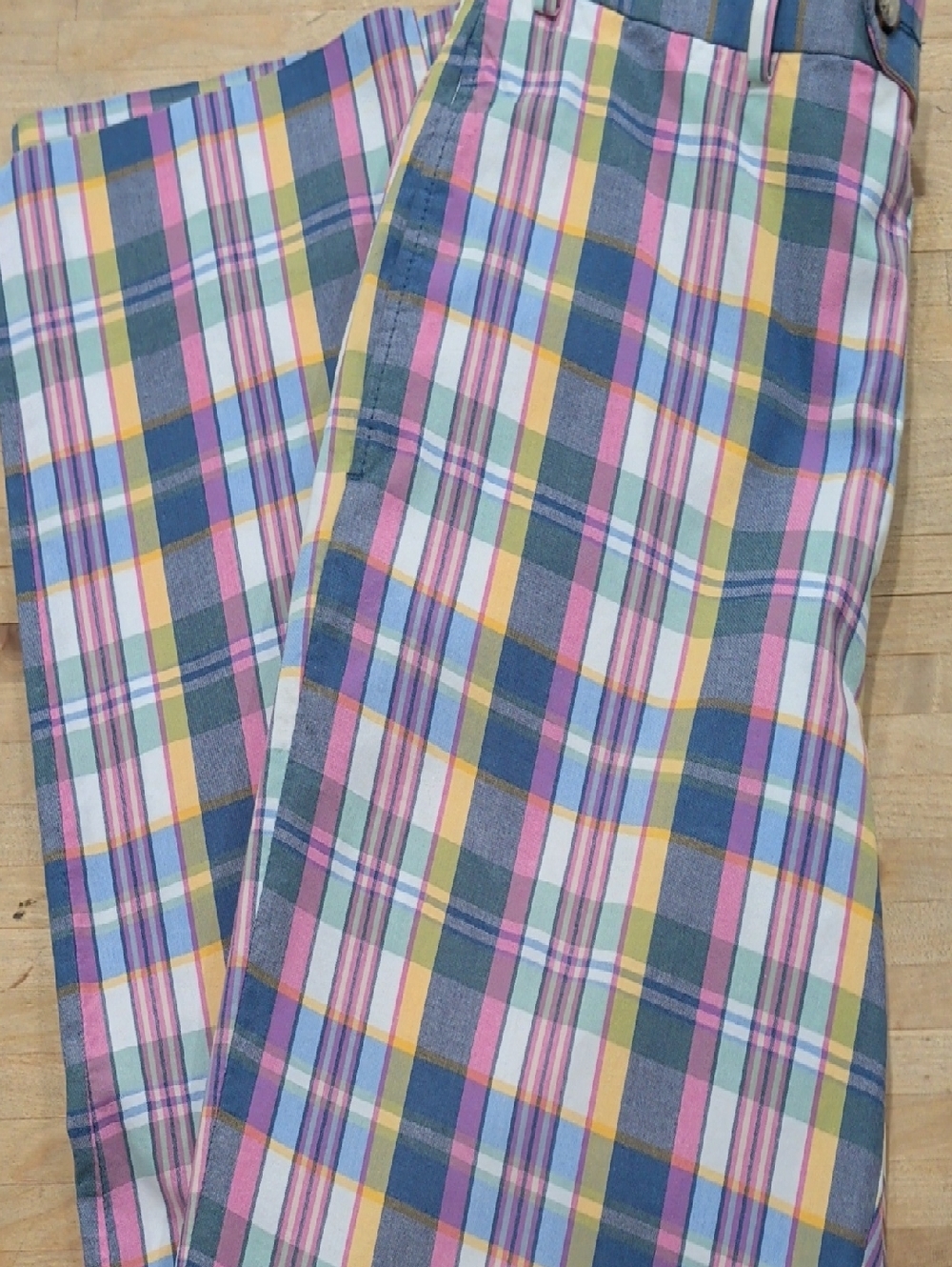 Brooks Brothers Blue, Pink And Yellow Plaid Flat Front Cotton Pants Size 36